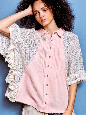 POL Baby Pink Boho Crochet Lace Ruffle Sleeve Oversized Gauze Button Down Top M
